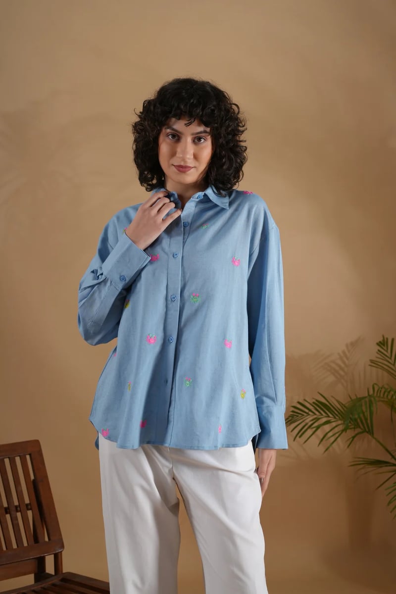Blue Oversized Embroidered Button-Down Shirt