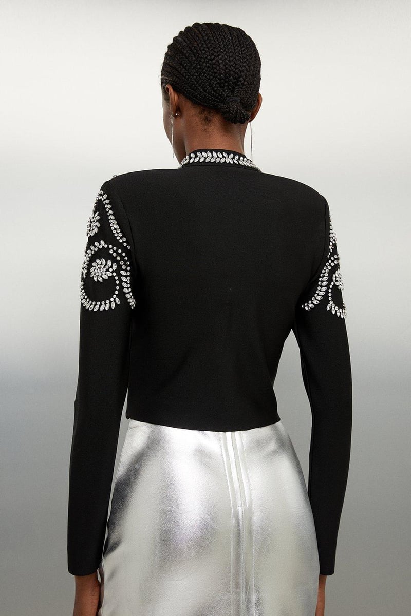 Black Cropped Crystal-Embellished Zip Jacket