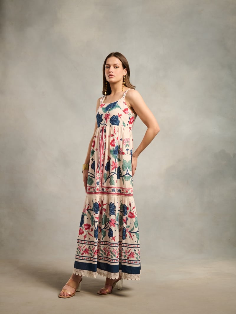 White Floral Printed Cotton Maxi Dress with Lace Trim