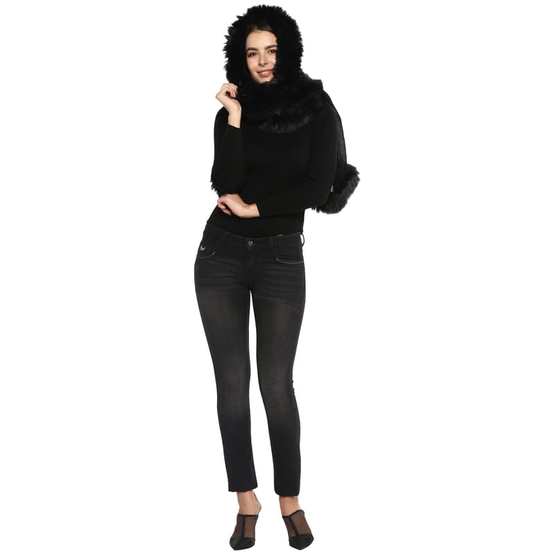 Black Wool Stole with Faux-Fur Trim