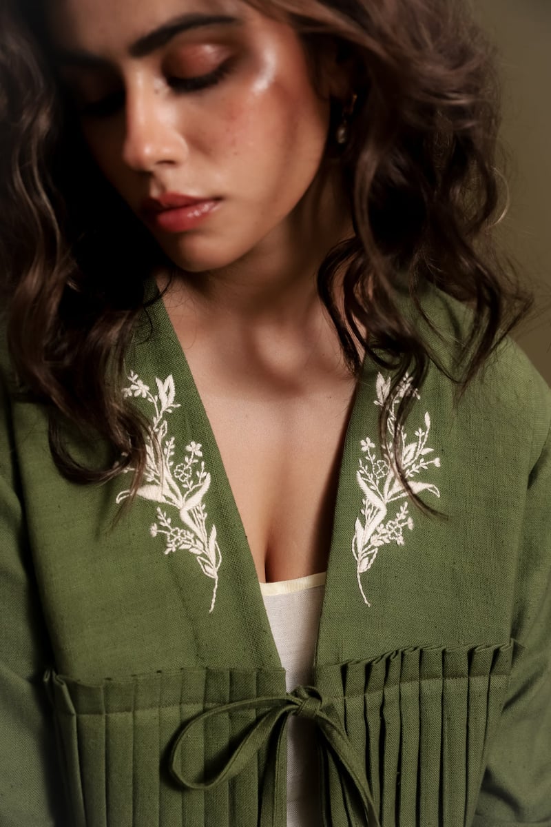 Olive Green Khadi Tie-Up Jacket with Pleated Front