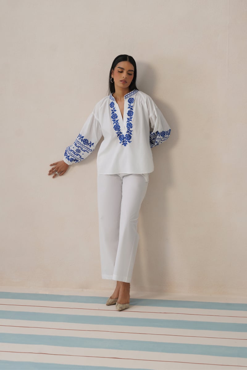 White Co-ord Set with Blue Embroidered V-Neck Top