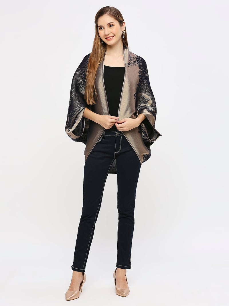 Navy Metallic Brocade Cape Shrug