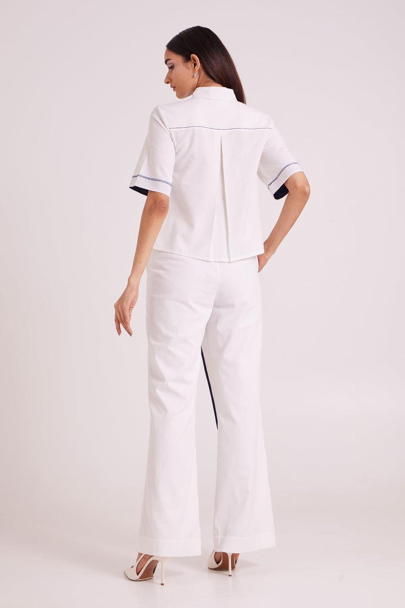 Ivory Shirt and Wide-Leg Pants Co-ord Set with Blue Appliqué