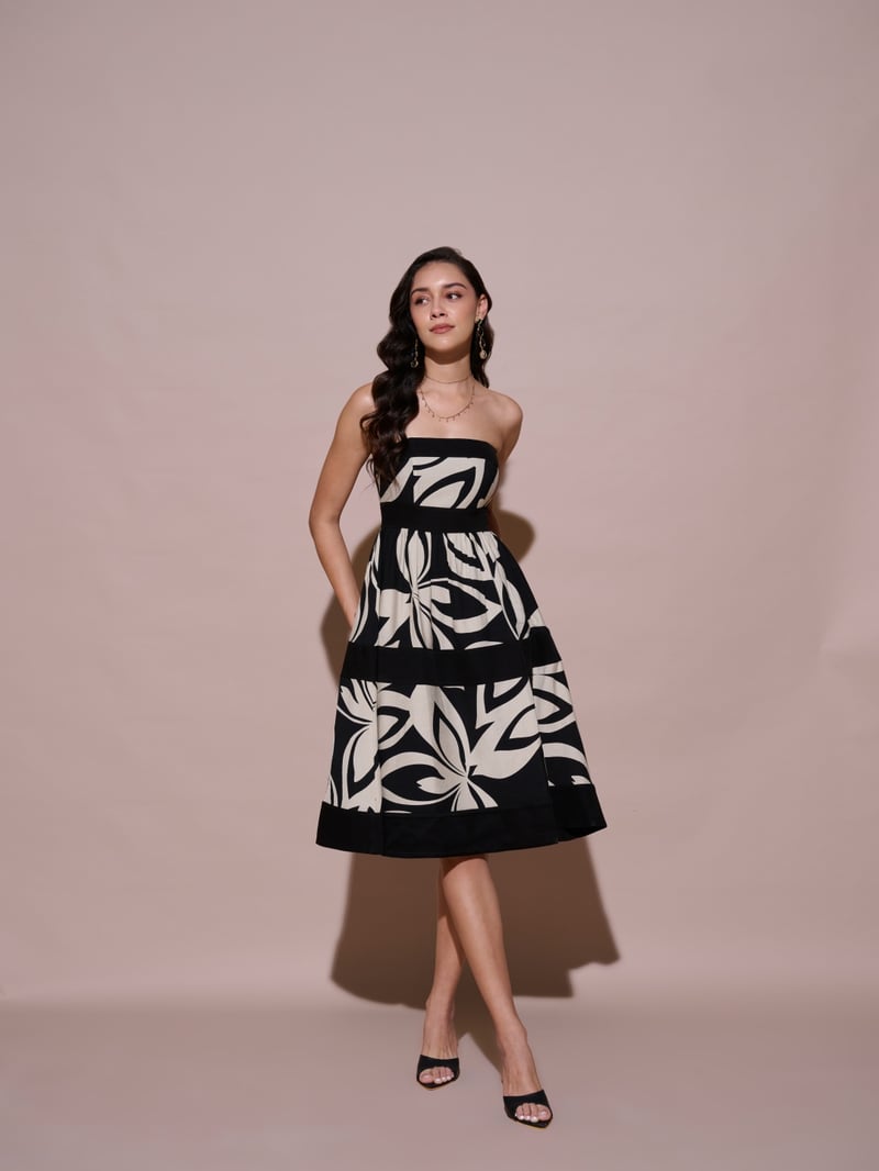 Black Strapless Abstract Print Midi Fit and Flare Dress