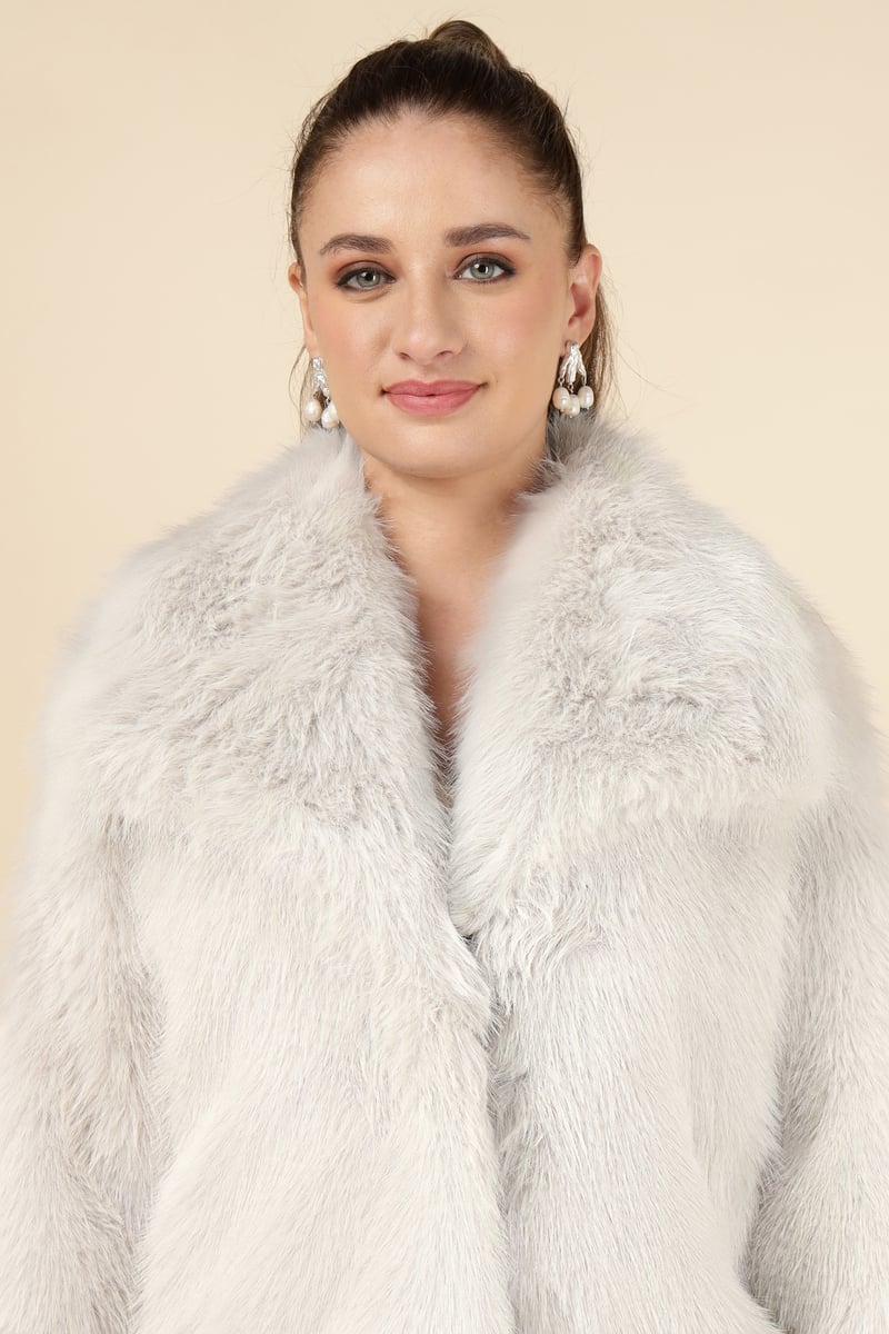 Beige Cropped Faux-Fur Jacket with Lapel Collar