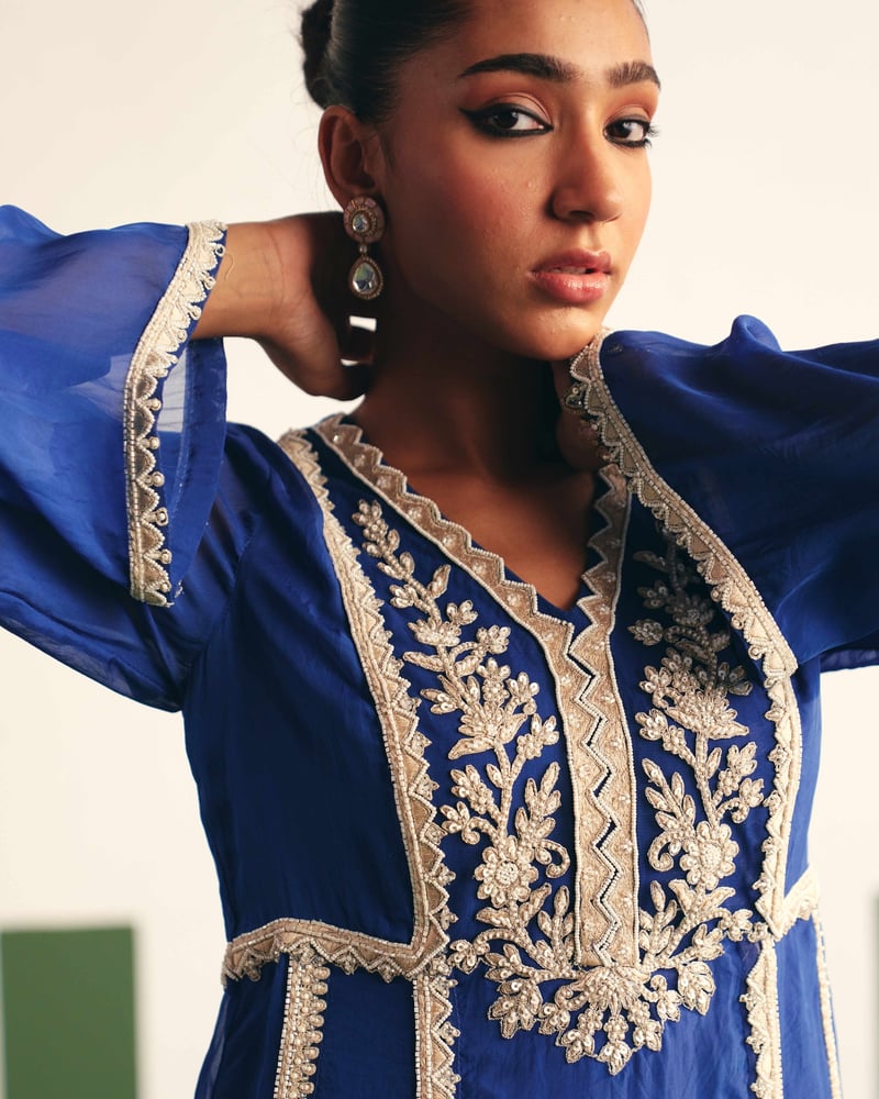 Cobalt Blue Embroidered Peplum Kurta Sharara Set