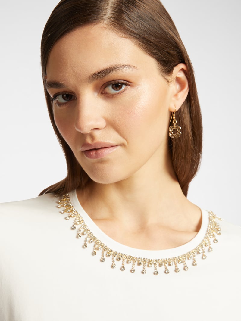 White Crew-Neck T-Shirt with Embellished Neckline