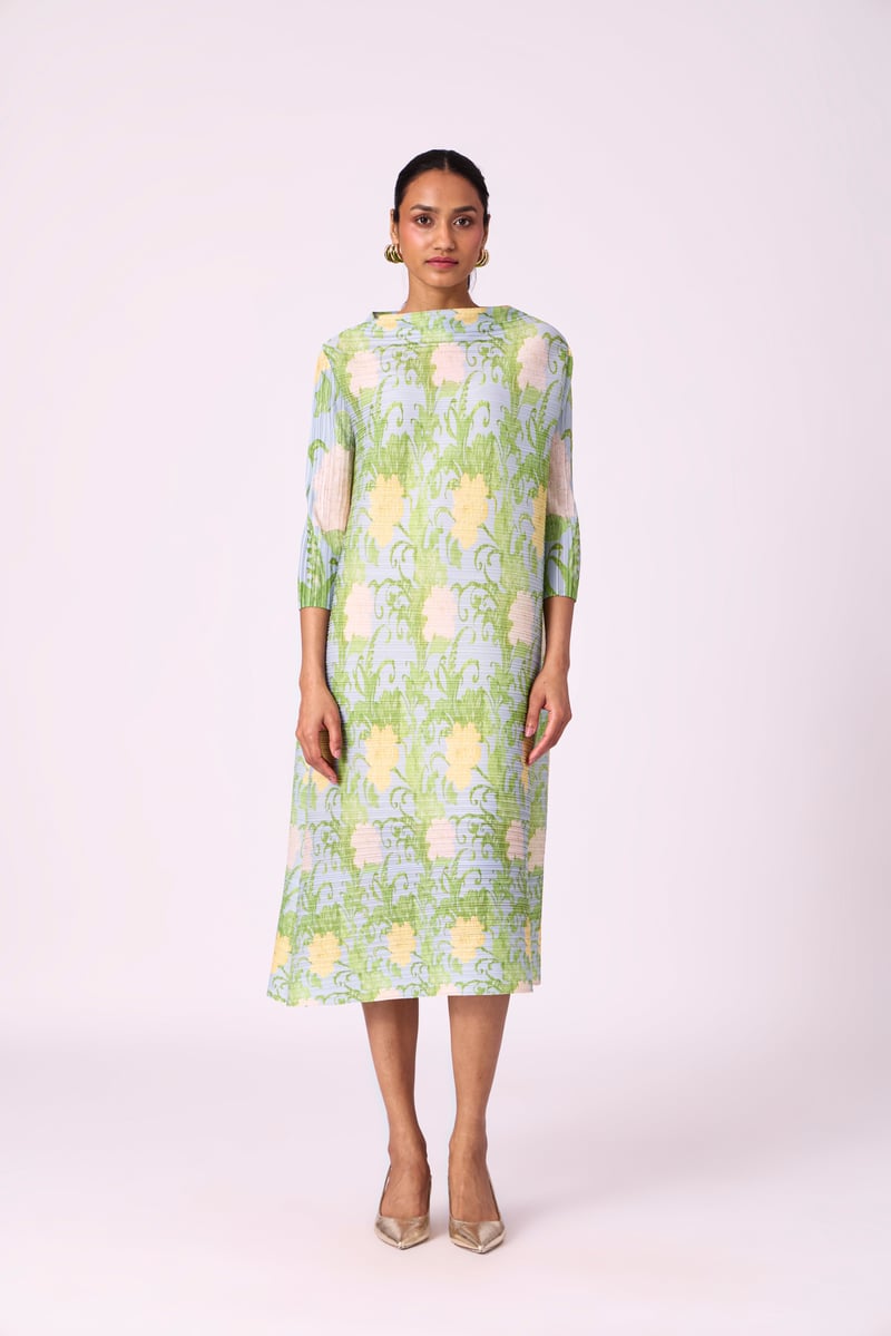Light Blue Pleated Floral Midi Dress with Belt