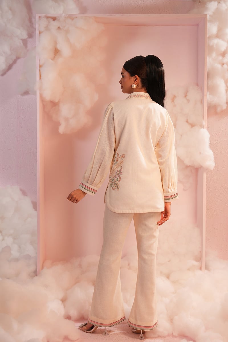 Cream Embroidered Shirt and Bootcut Pants Co-ord Set
