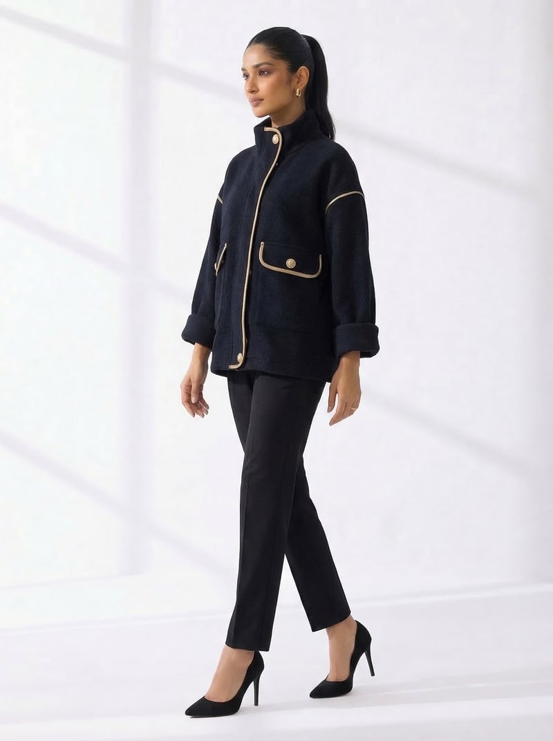 Black High-Neck Boxy Jacket with Contrast Piping