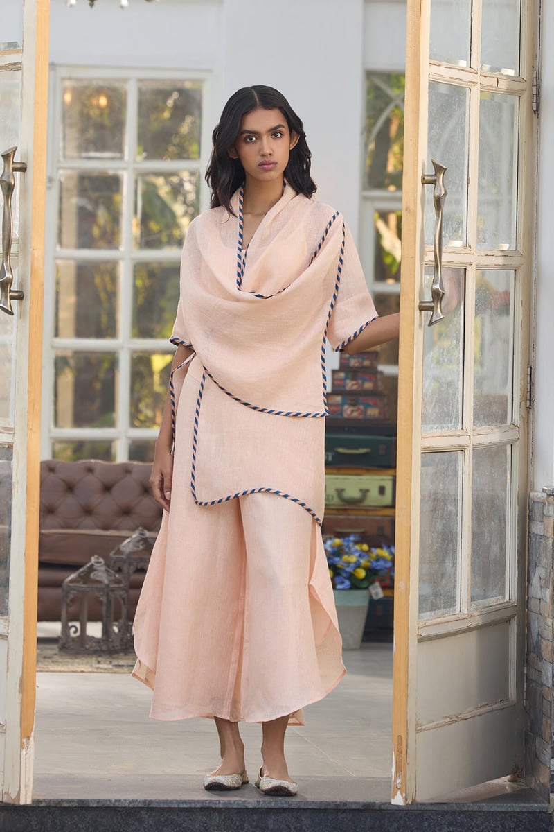 Peach Linen Cape with Contrast Edge Trim