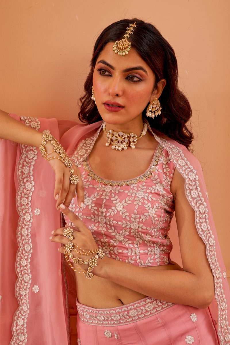 Pink Organza Embroidered Lehenga Set with Dupatta