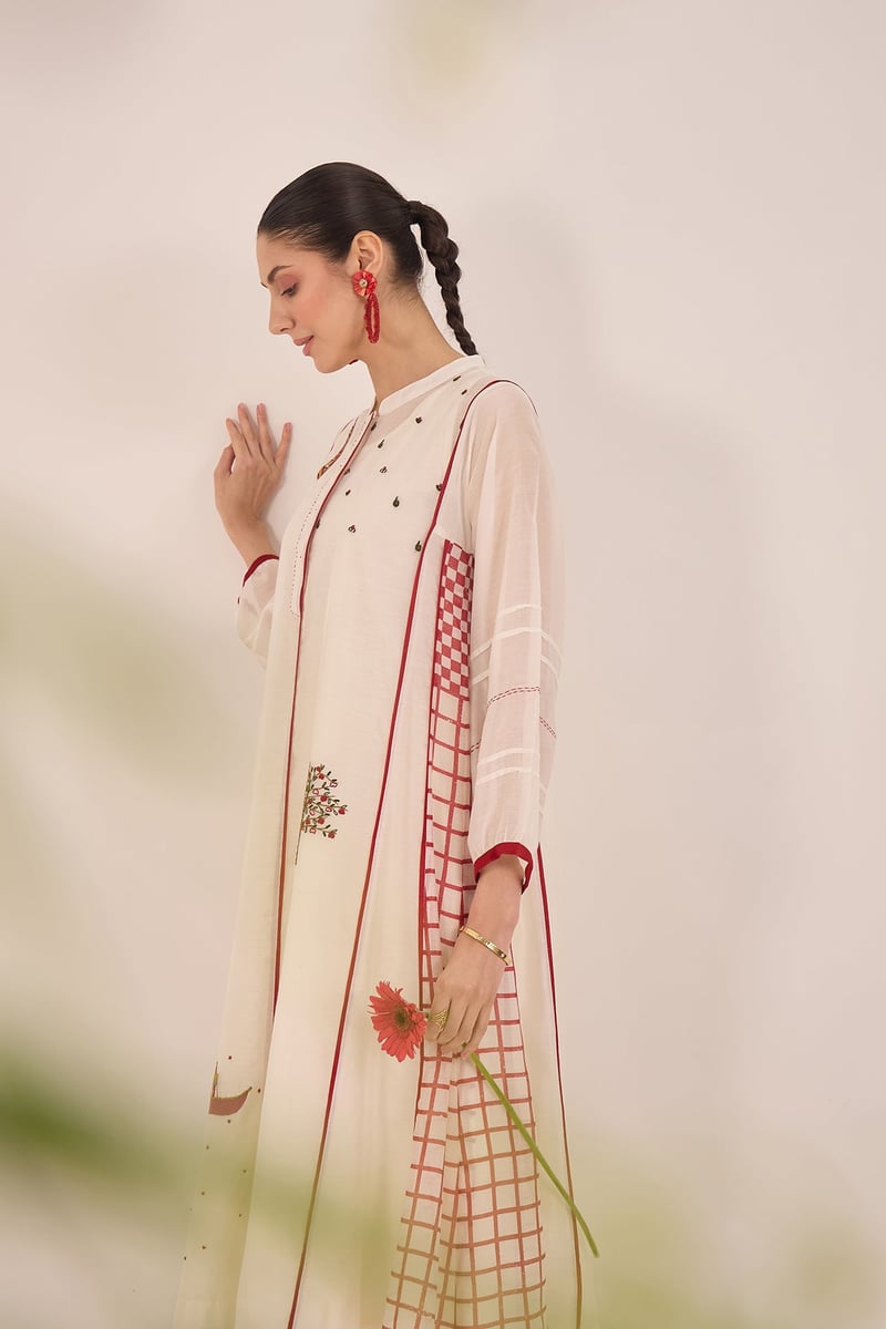 Ivory Chanderi Kali Kurta Set with Red Check Panels