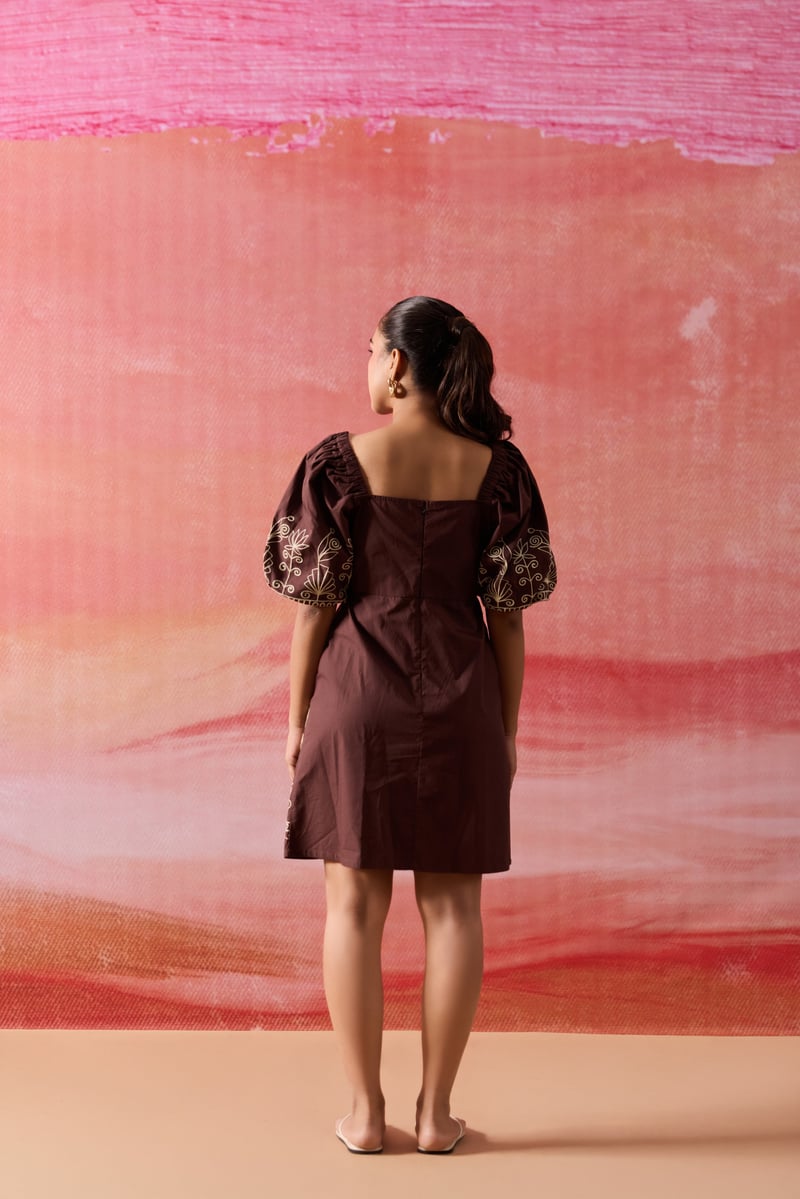 Brown Cotton Poplin Mini Dress with Aari Embroidery