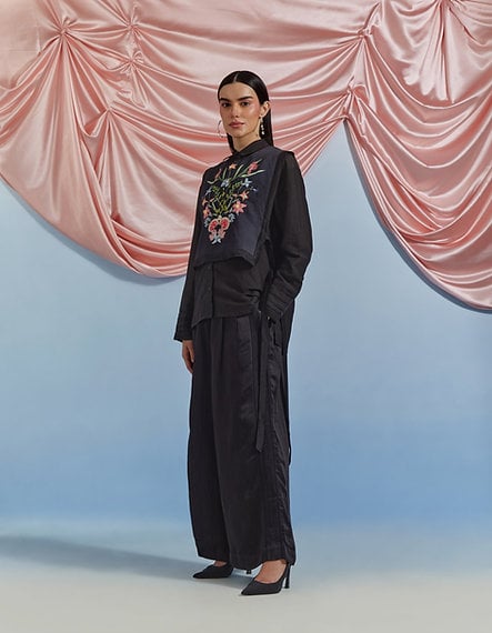 Black Embroidered Shirt and Wide-Leg Trouser Co-ord Set