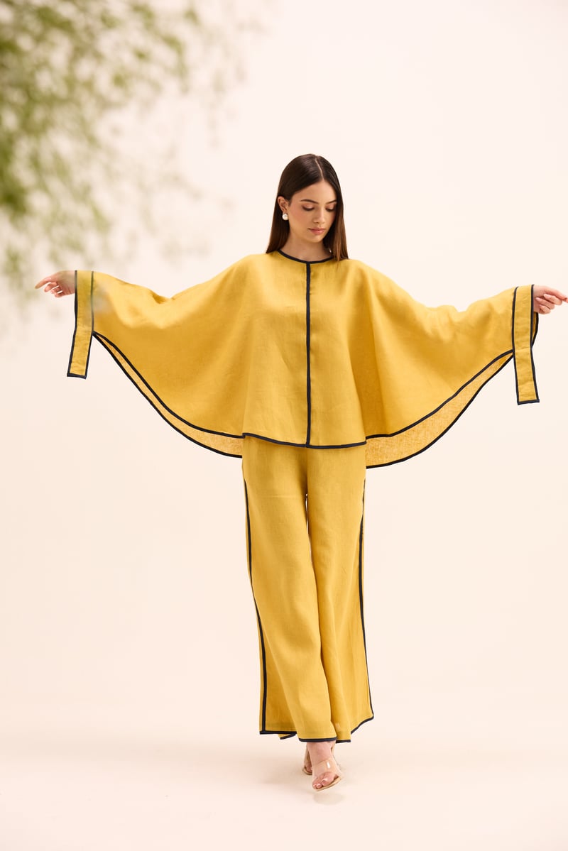 Ochre Linen Cape Top and Wide-Leg Pants Co-ord Set