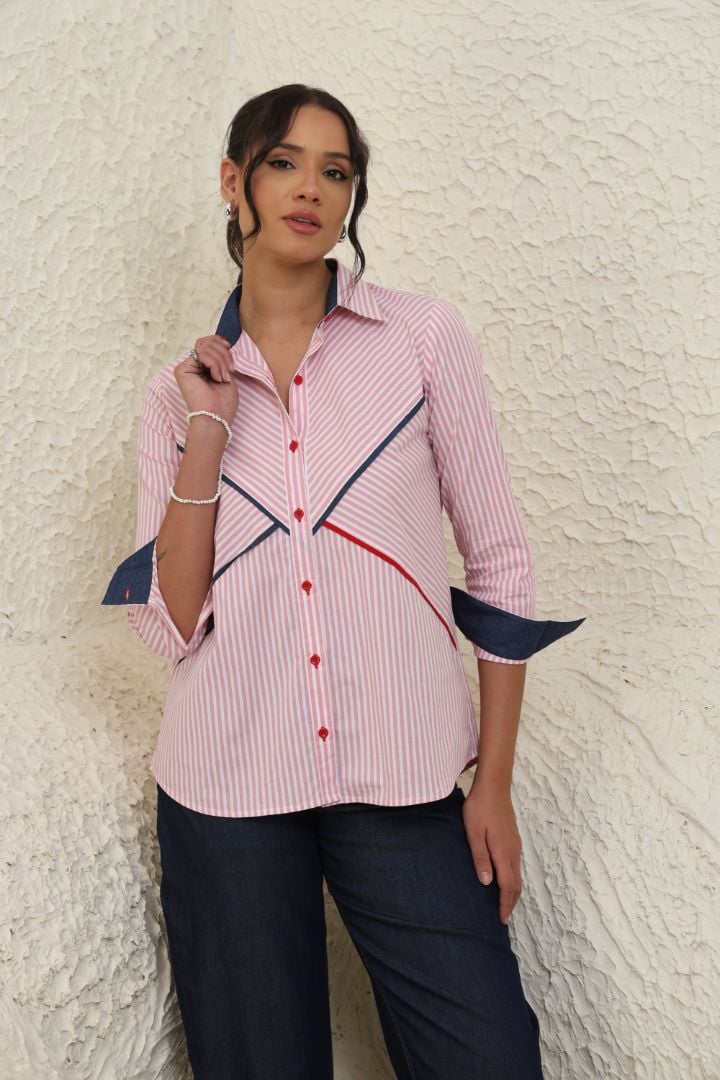 Pink Striped Cotton Shirt with Contrast Panels