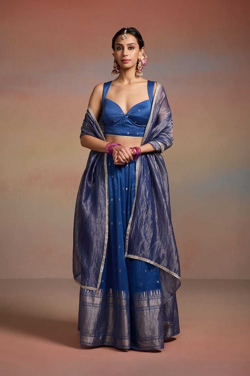 Ink Blue Banarasi Brocade Lehenga Set with Zari Dupatta