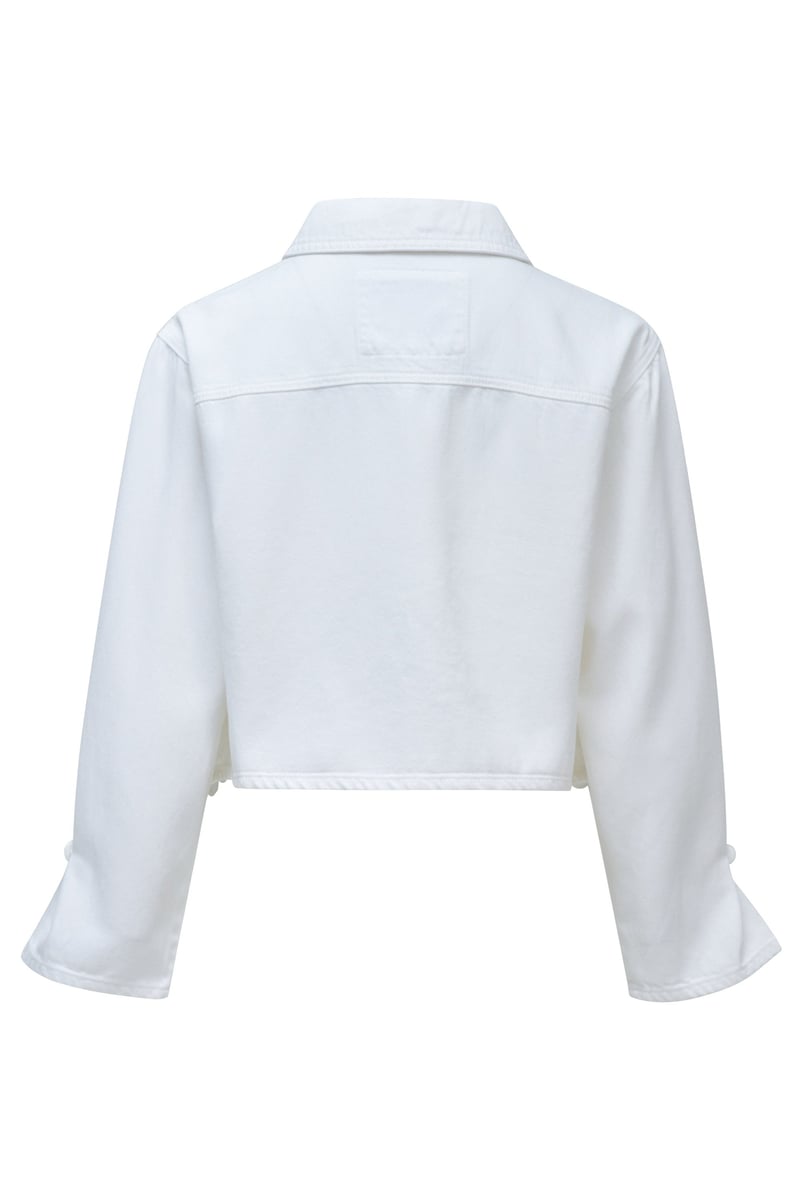 White Cropped Button-Front Jacket with Cutwork Hem