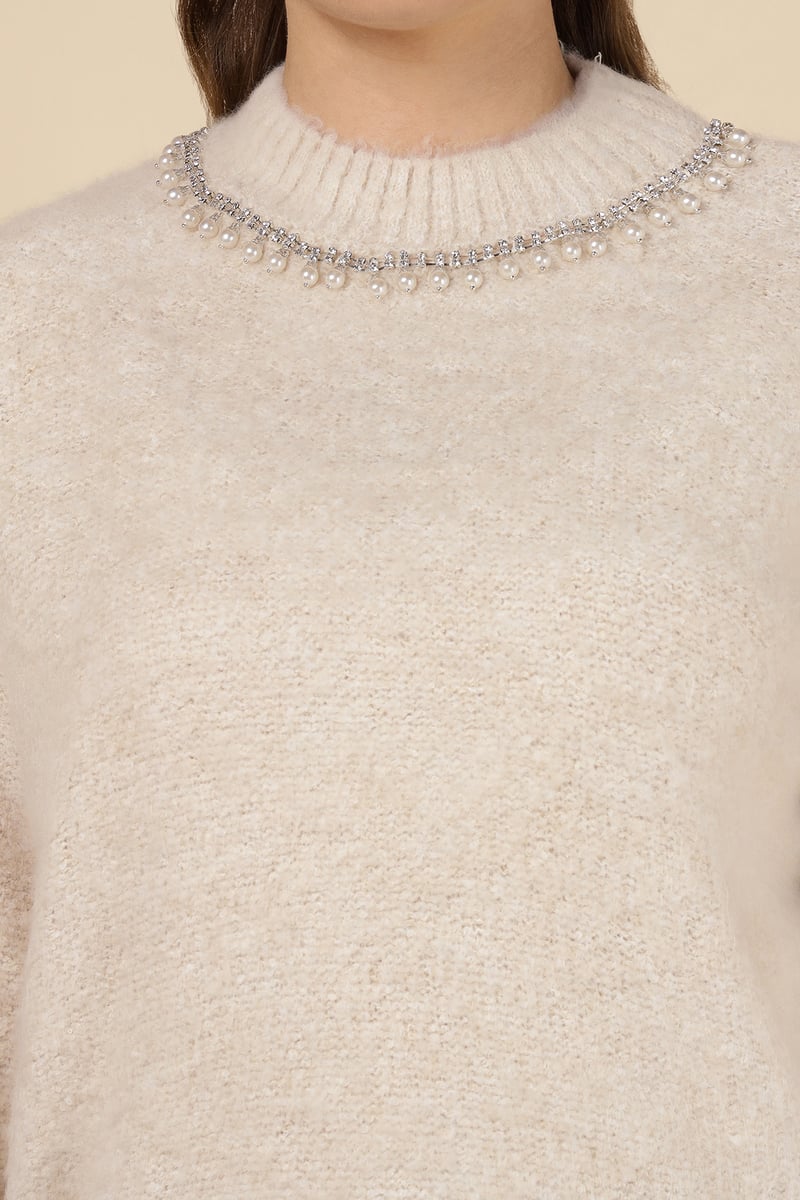 Beige Embellished Neck Pullover Sweater