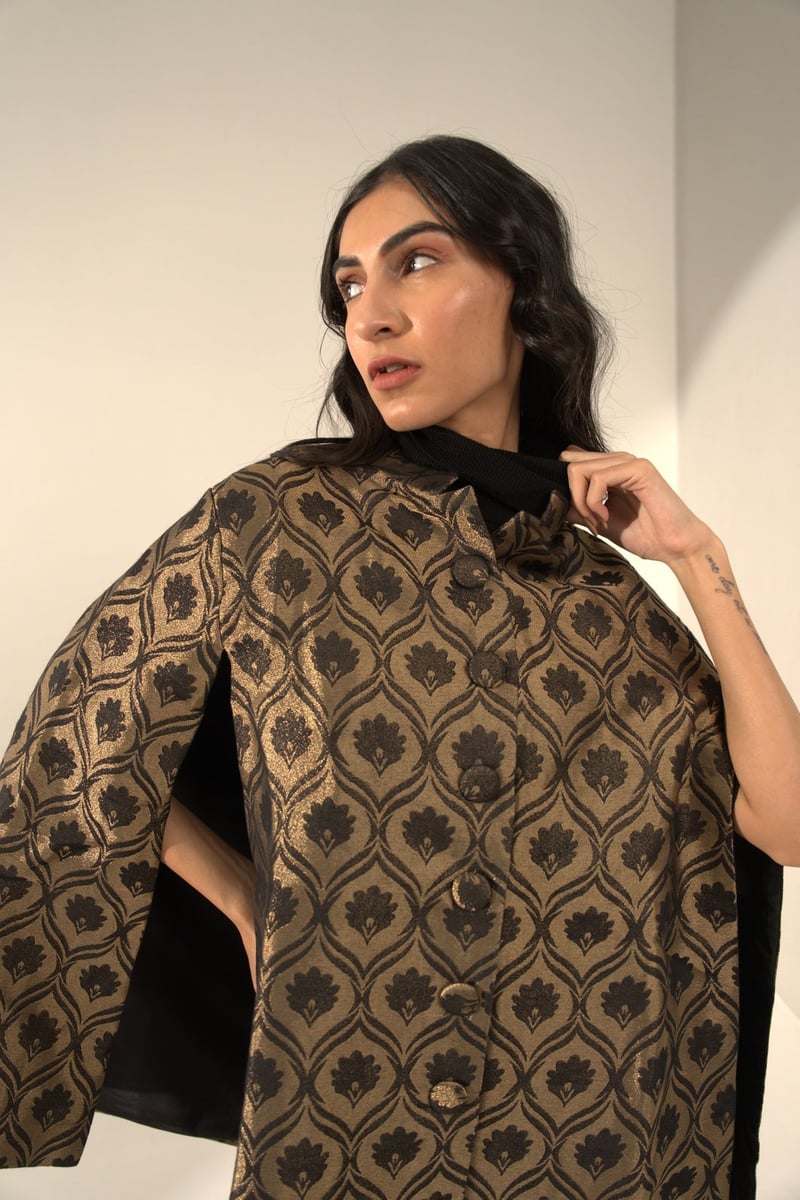 Black and Gold Metallic Brocade Cape Jacket