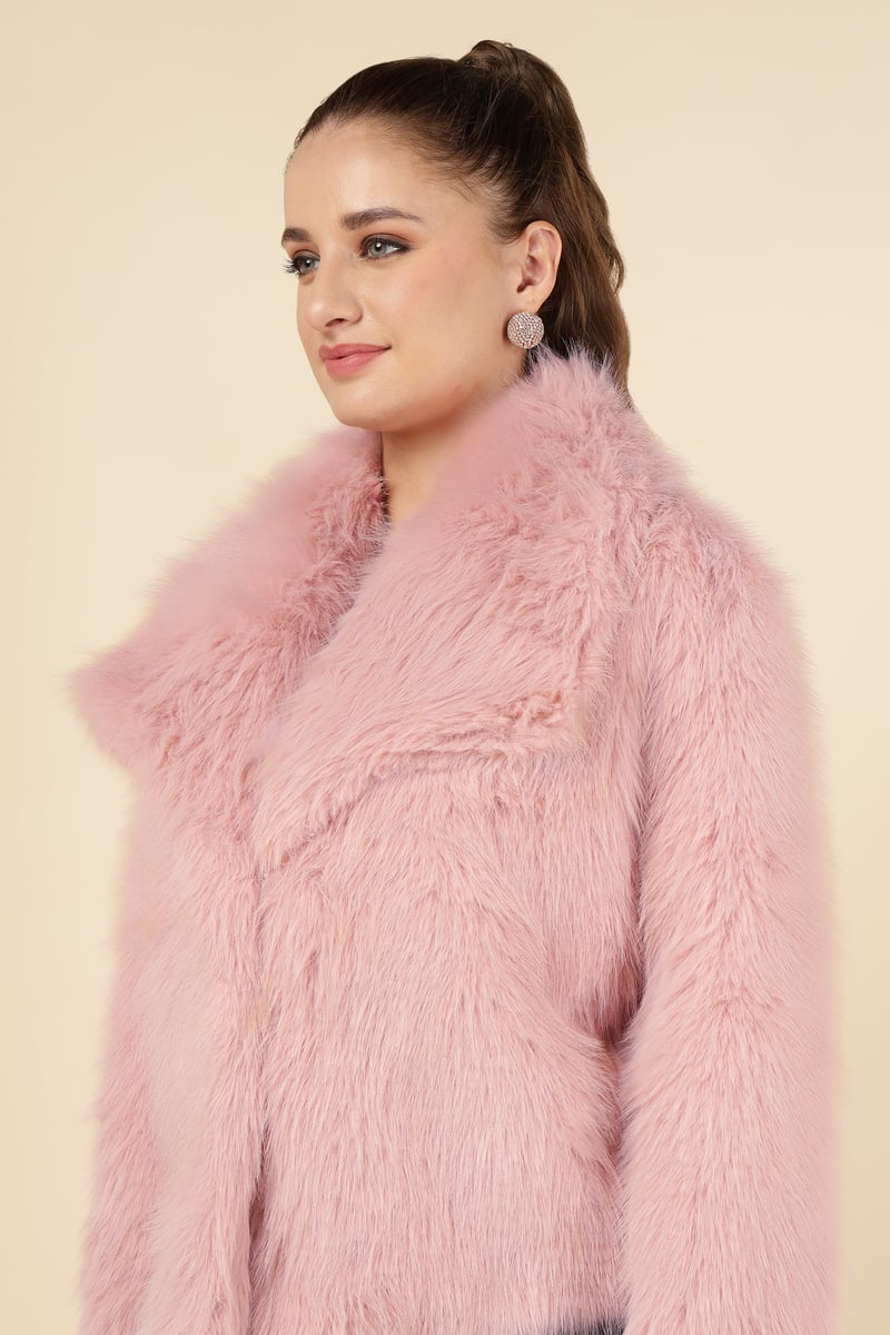 Pink Cropped Faux-Fur Jacket with Lapel Collar