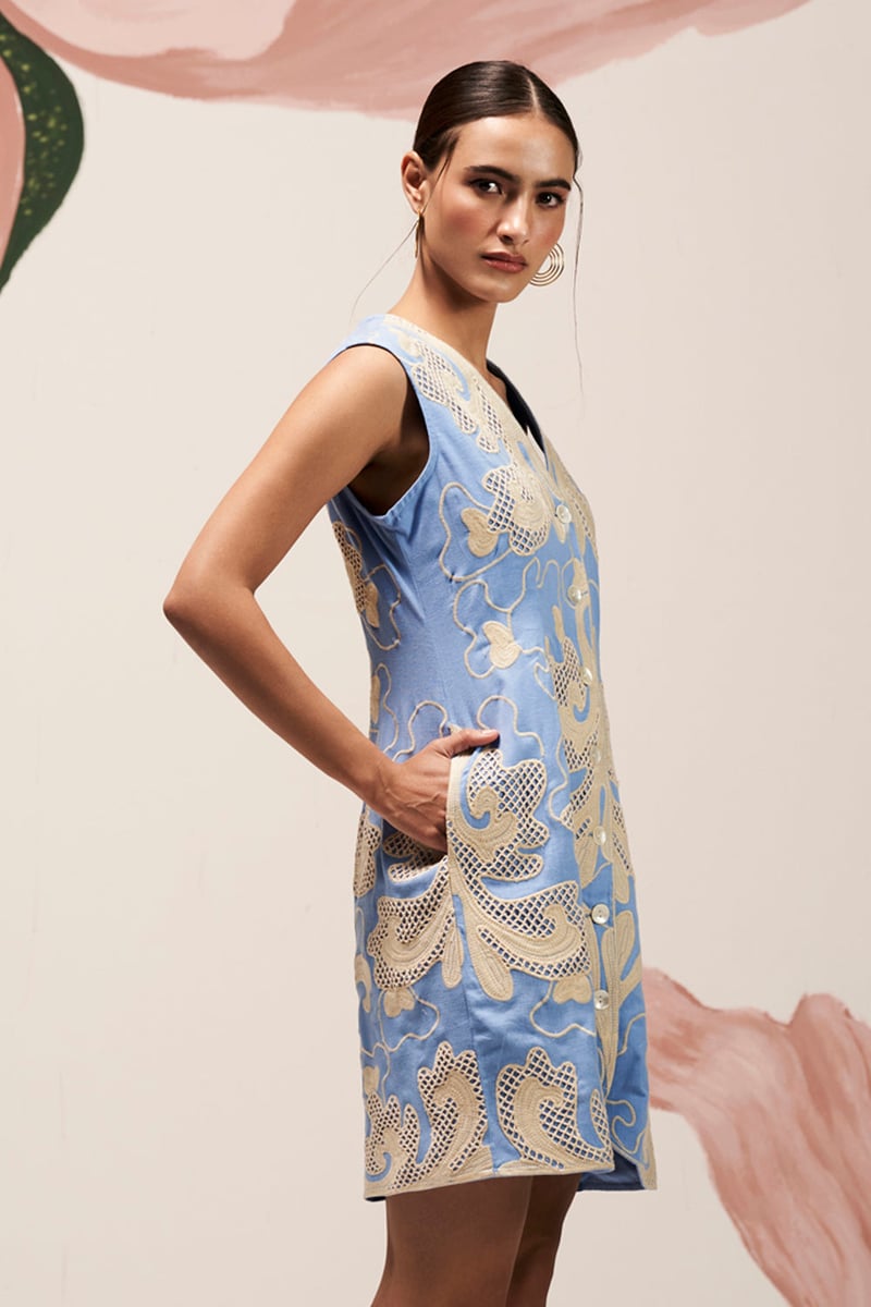 Blue Linen Cutwork Embroidered Button-Front Mini Dress