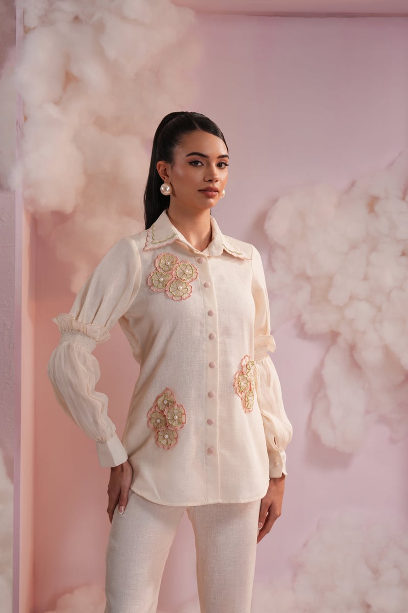 Cream Shirt and Bell-Bottom Co-ord Set