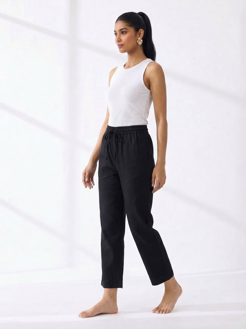 Black Straight-Leg Drawstring Waist Trousers