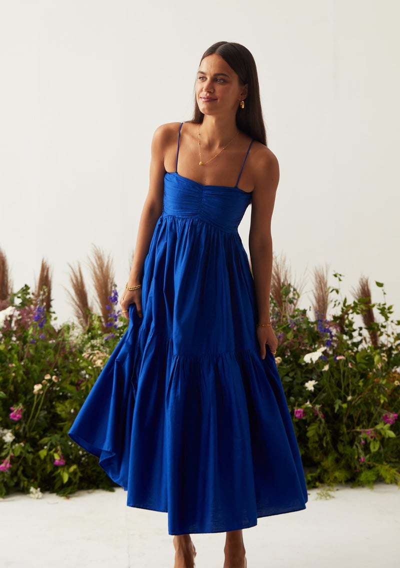 Royal Blue Tiered Midi Dress with Detachable Sleeves — AMOSHI