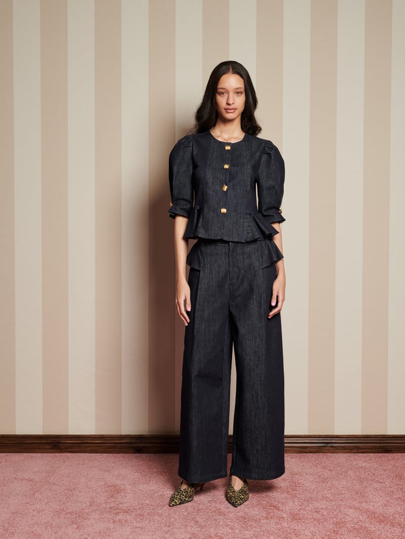 Dark Navy Denim Peplum Top with Gold Buttons