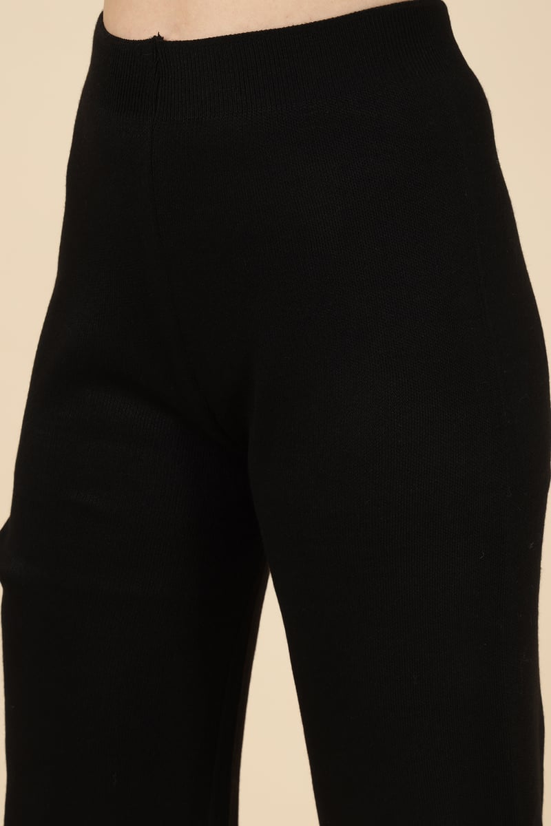 Black Knit Button-Front Top and Wide-Leg Pants Co-ord Set