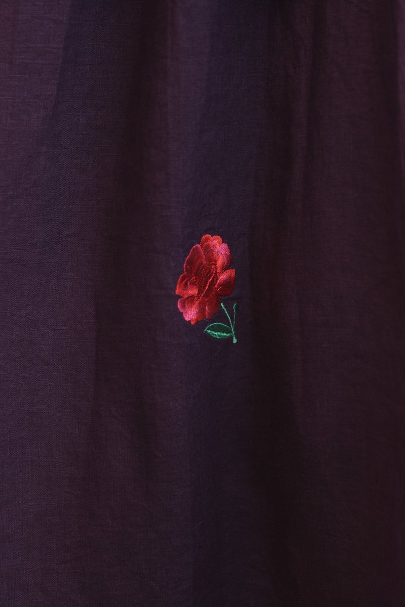 Berry Linen Embroidered Shirt and Plum Linen Flared Skirt Set