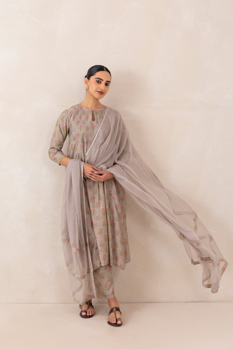 Mushroom Grey Pink Floral Chanderi Kurta Set with Dupatta