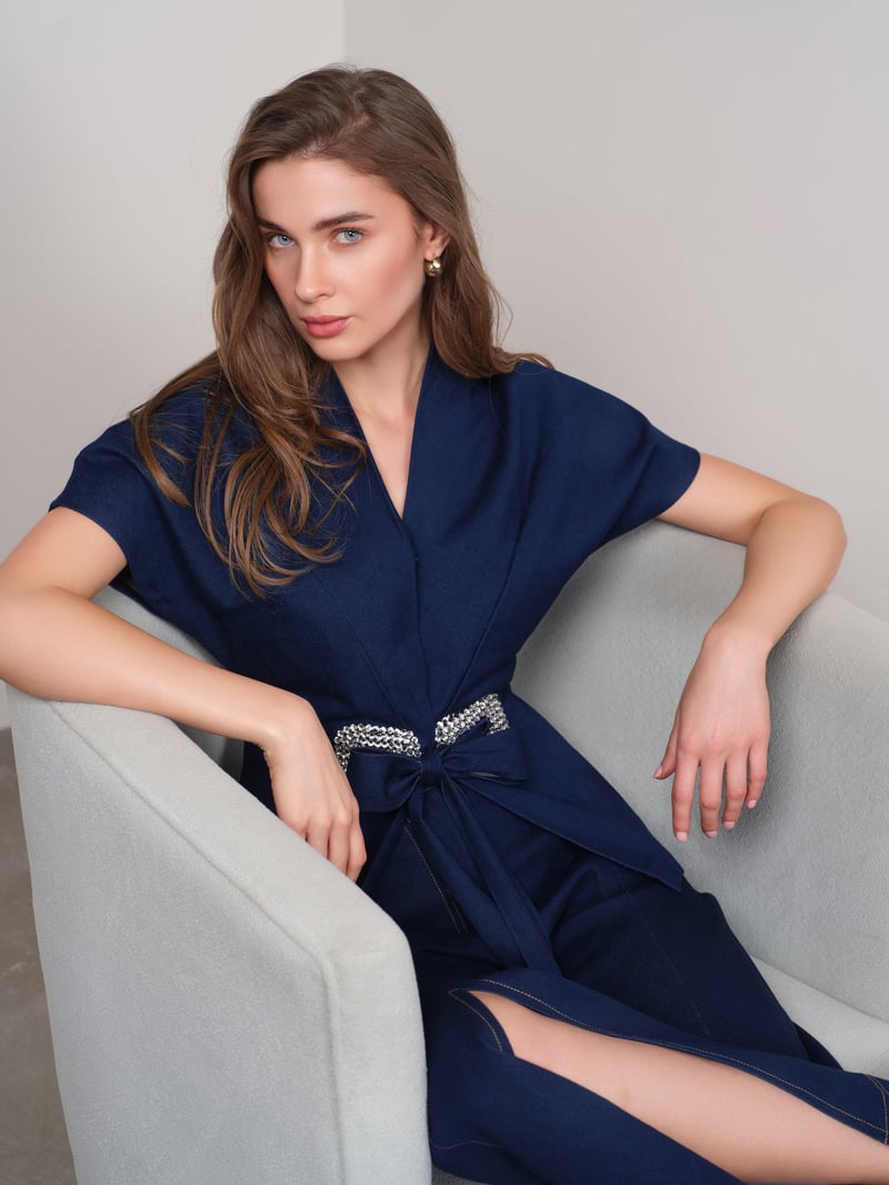 Dark Blue Denim Peplum Top with Rhinestone Waist Tie