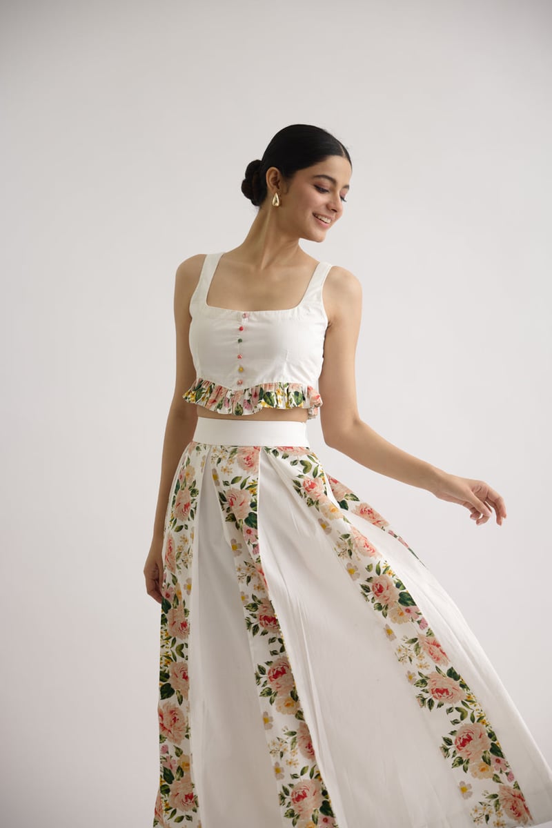 White Floral Crop Top and Midi Skirt Co-ord Set