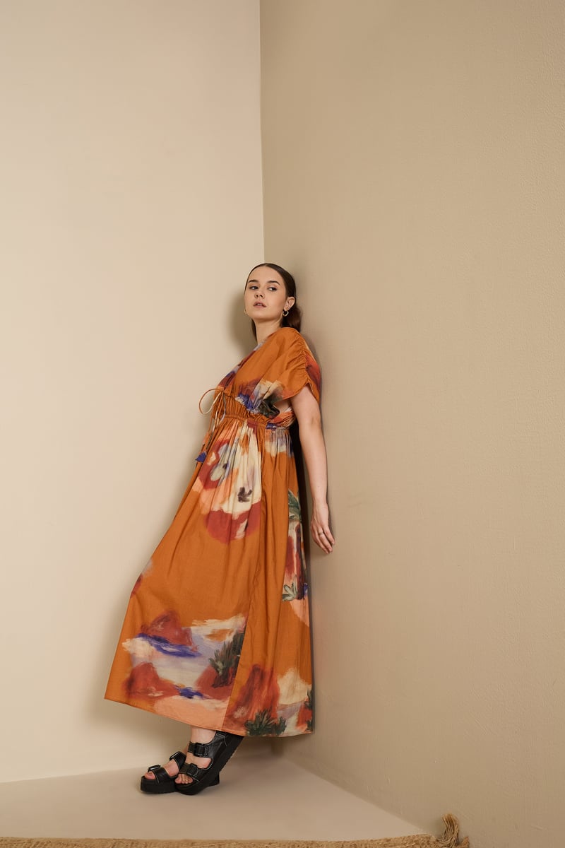 Rust Abstract Printed Cotton Poplin Maxi Dress