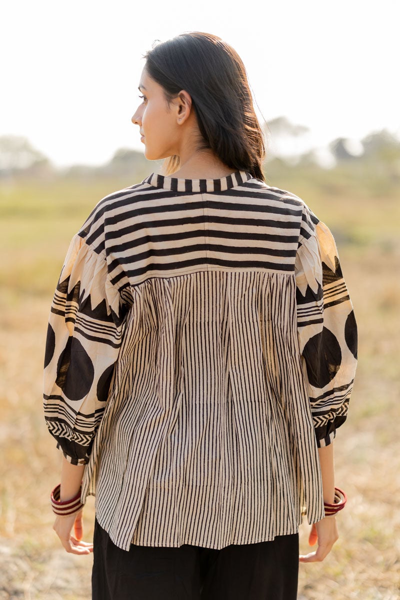 Black and Off-White Block Print Cotton Button-Down Top