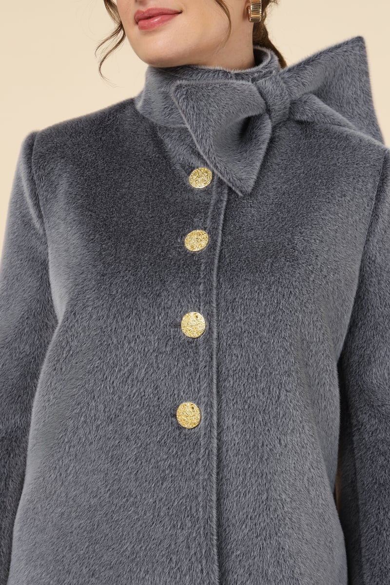 Grey Plush Bow-Collar Button-Front Jacket