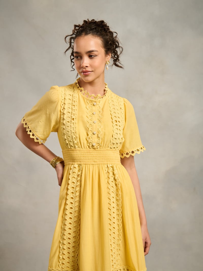 Yellow Lace Cutwork Fit and Flare Maxi Dress