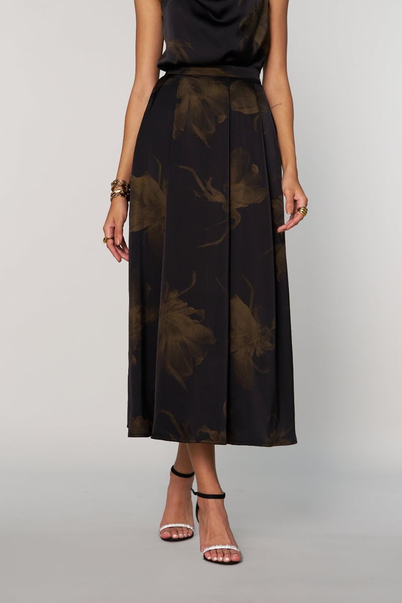 Black Satin Tonal Floral Print A-Line Midi Skirt