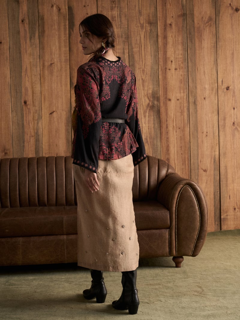 Black Printed Band Collar Bell Sleeve Top