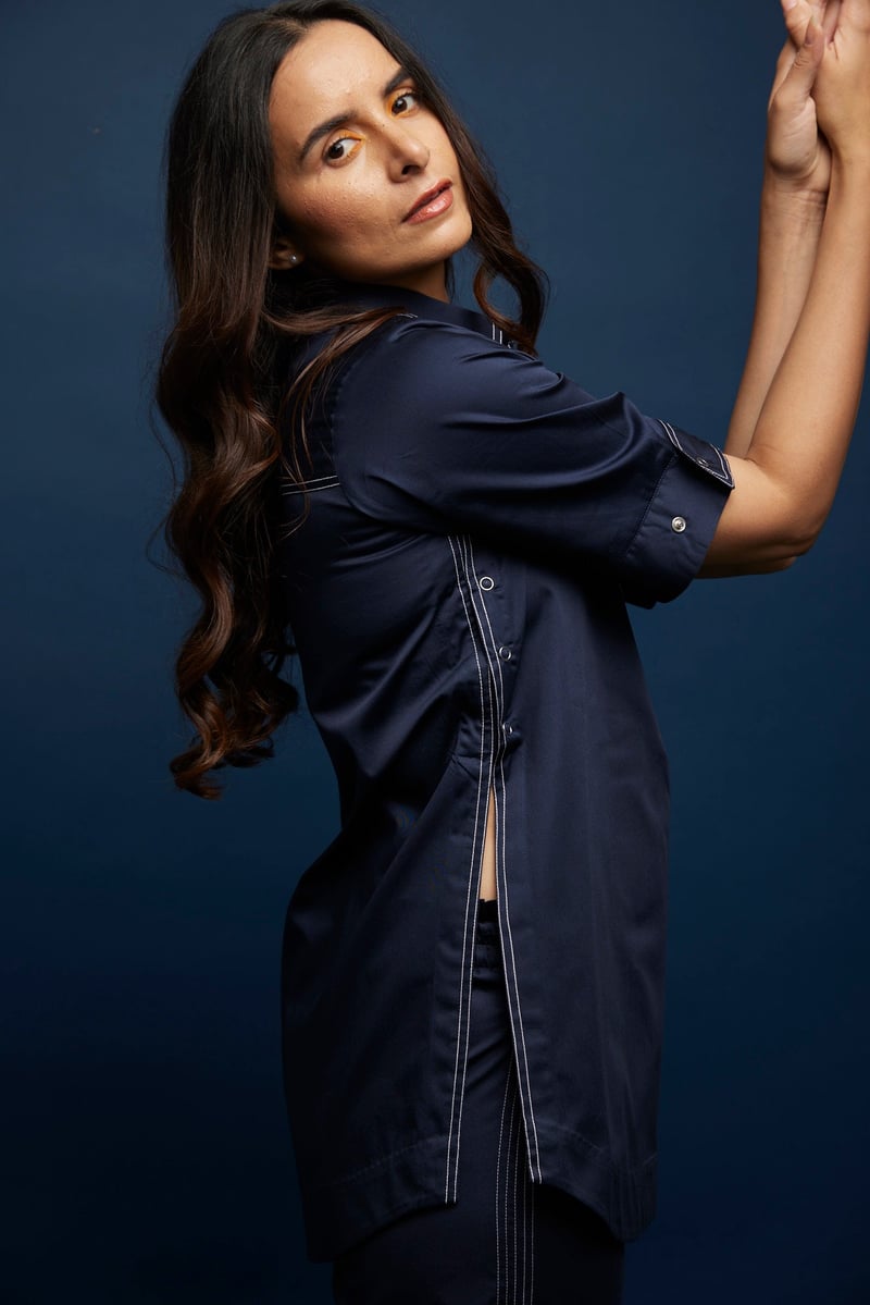 Navy Blue Cotton Satin Side-Open Co-ord Set