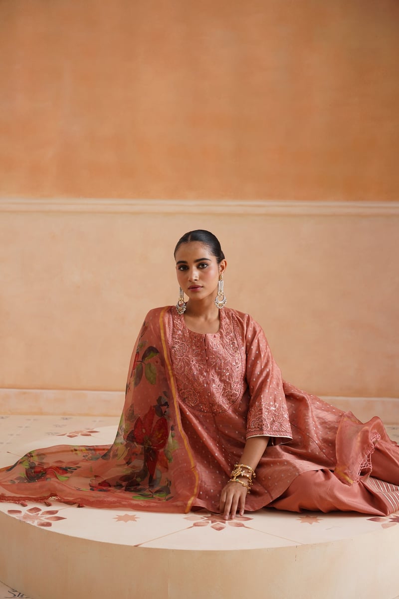 Peach Blush Embroidered Chanderi Kurta Set with Dupatta