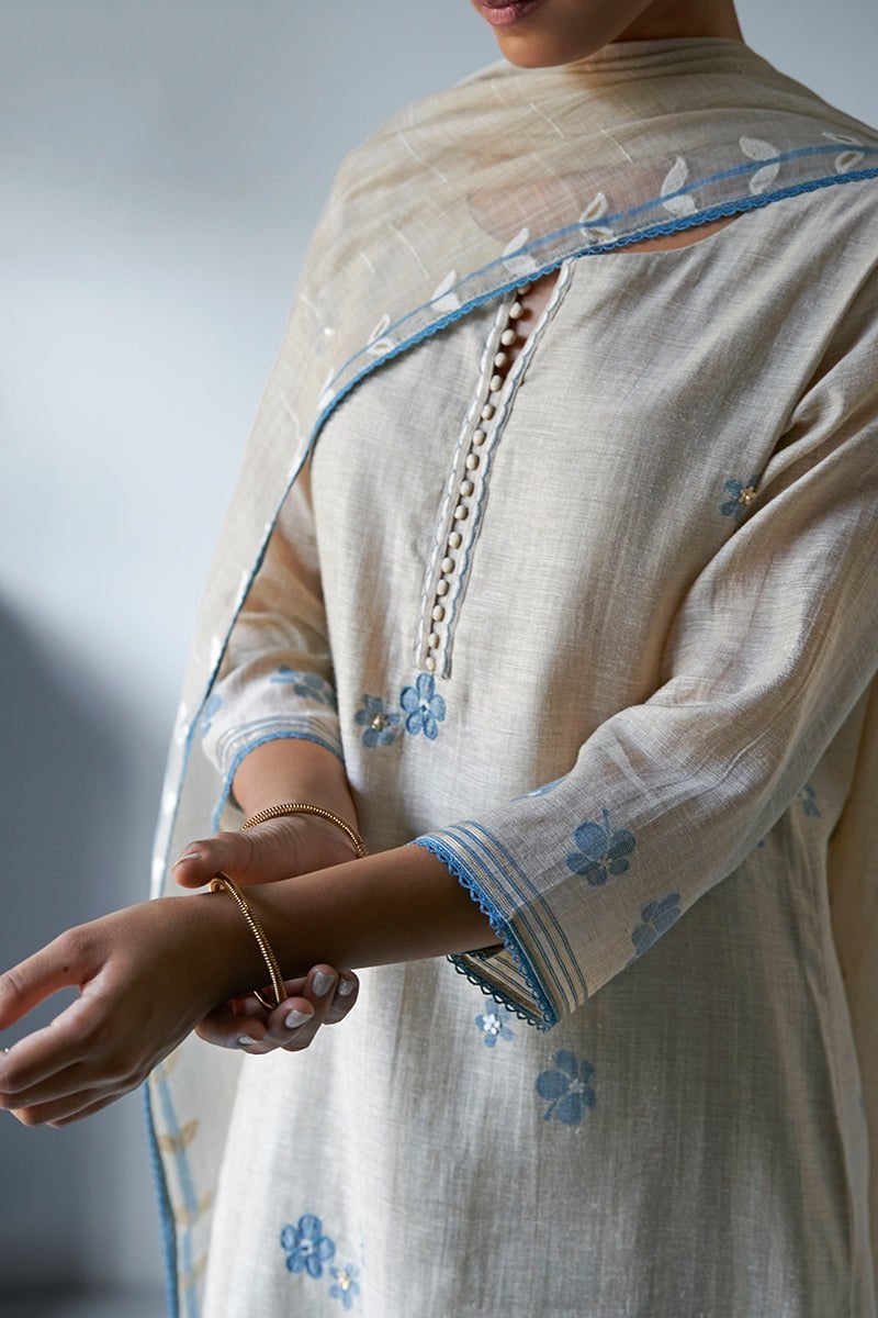 Beige and Light Blue Straight Kurta Suit Set with Dupatta