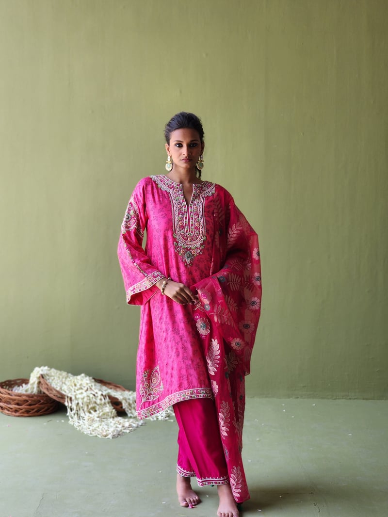 Pink Printed Embroidered Kurta Set with Dupatta