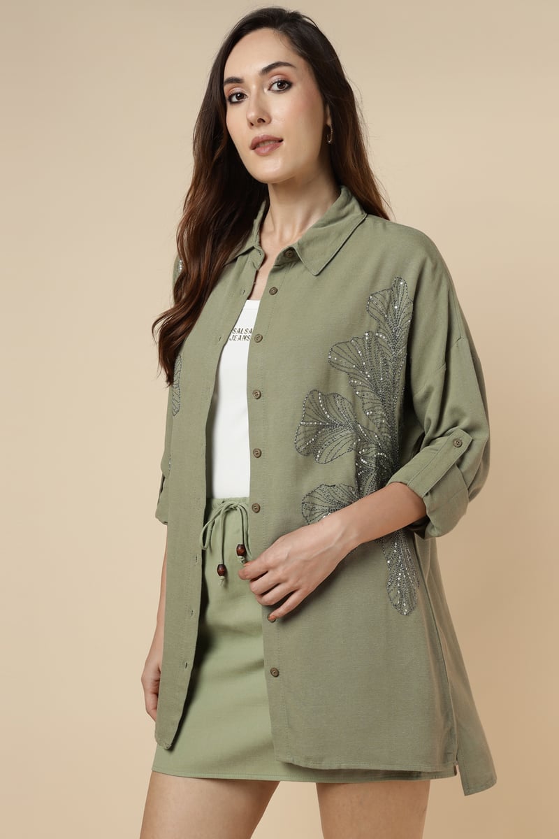 Green Longline Shirt with Sequin Foliage Motif