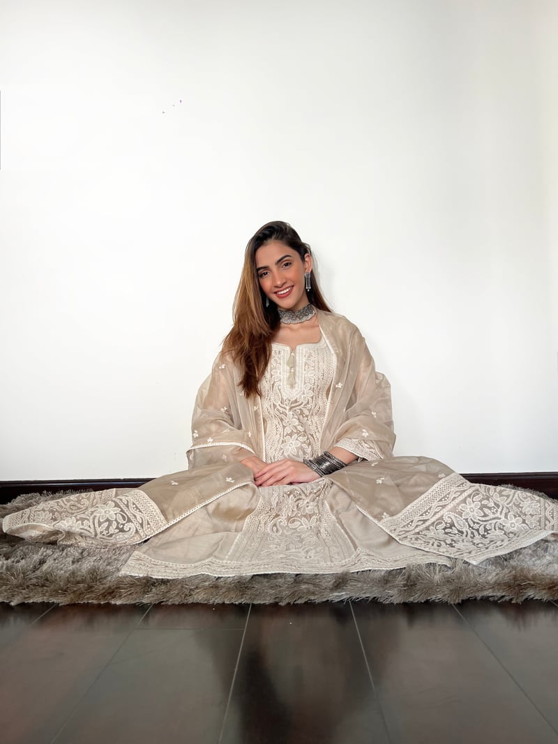 Beige Chanderi Silk Embroidered Kurta Set with Dupatta