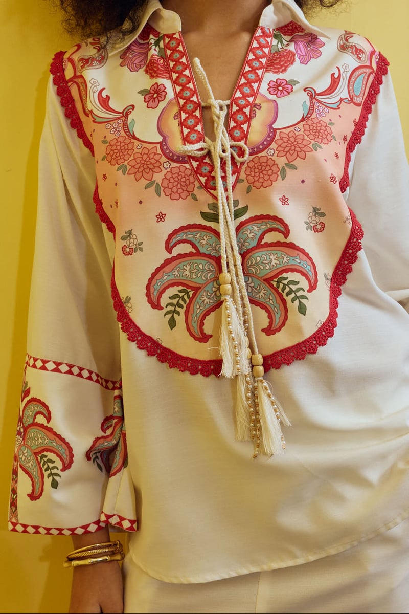 Cream Printed Shirt and Shorts Co-ord Set